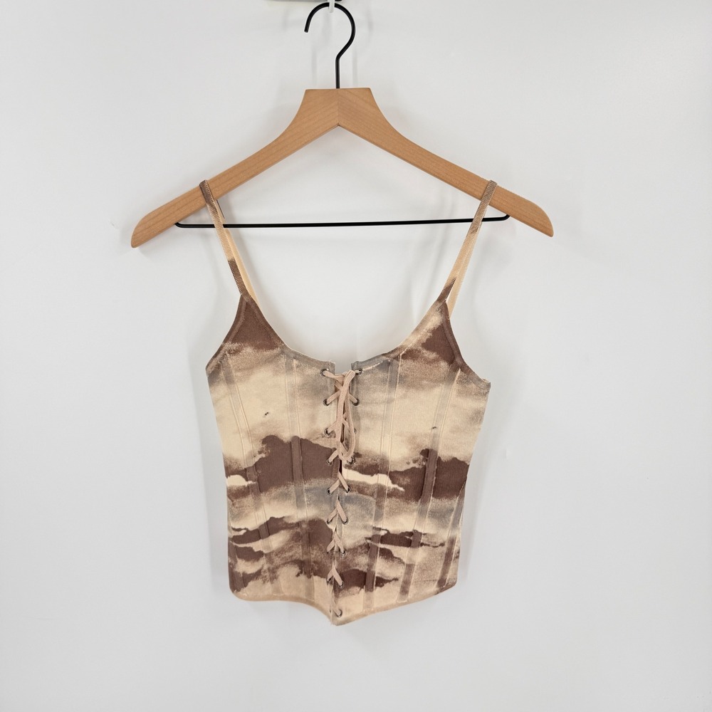 Zara Corset Top Brown Small Lace Up Ribbed Knit Abstract Print Indie Earthy